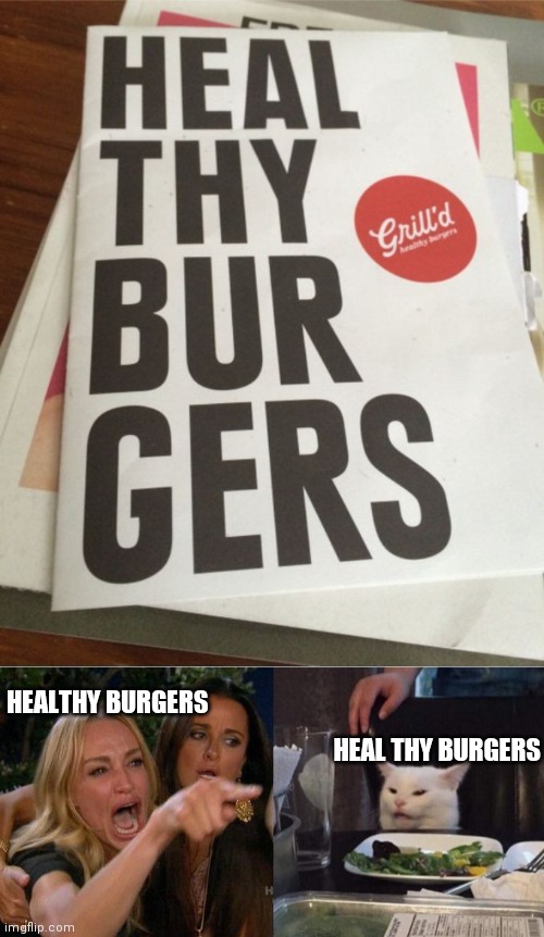 Heal Thy Burgers | HEALTHY BURGERS; HEAL THY BURGERS | image tagged in memes,woman yelling at cat,funny,funny memes | made w/ Imgflip meme maker