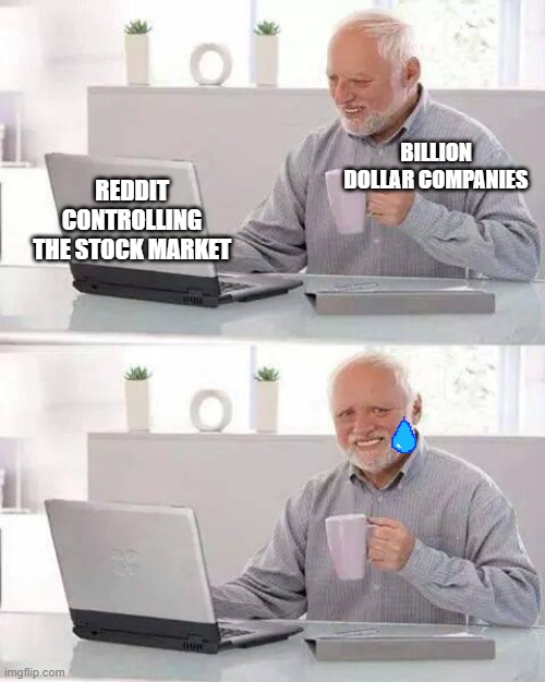 gamestop man | BILLION DOLLAR COMPANIES; REDDIT CONTROLLING THE STOCK MARKET | image tagged in memes,hide the pain harold,funny,funny memes,gamestop,relateable | made w/ Imgflip meme maker