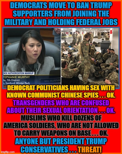 DEMOCRATS MOVE TO BAN TRUMP SUPPORTERS FROM JOINING THE MILITARY AND HOLDING FEDERAL JOBS; DEMOCRAT POLITICIANS HAVING SEX WITH KNOWN COMMUNIST CHINESE SPIES . . . OK. TRANSGENDERS WHO ARE CONFUSED ABOUT THEIR SEXUAL ORIENTATION . . . OK. MUSLIMS WHO KILL DOZENS OF AMERICA SOLDIERS, WHO ARE NOT ALLOWED TO CARRY WEAPONS ON BASE . . . OK. ANYONE BUT PRESIDENT TRUMP CONSERVATIVES . . . THREAT! THREAT! | made w/ Imgflip meme maker