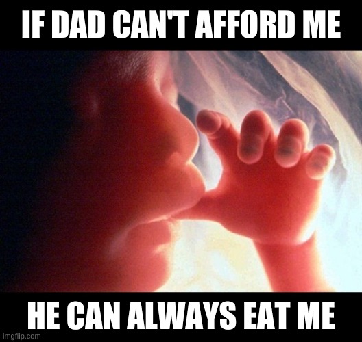 eat right | IF DAD CAN'T AFFORD ME; HE CAN ALWAYS EAT ME | image tagged in abortion,planned parenthood,cannibalism,dieting,finance,privilege | made w/ Imgflip meme maker
