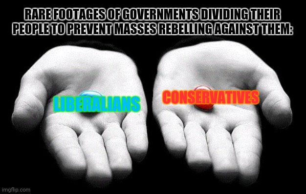 Red pills blue pills | RARE FOOTAGES OF GOVERNMENTS DIVIDING THEIR PEOPLE TO PREVENT MASSES REBELLING AGAINST THEM:; CONSERVATIVES; LIBERALIANS | image tagged in memes,matrix morpheus,radical | made w/ Imgflip meme maker