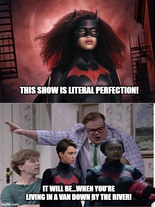 batwoman season 2 cringe |  THIS SHOW IS LITERAL PERFECTION! IT WILL BE...WHEN YOU'RE LIVING IN A VAN DOWN BY THE RIVER! | image tagged in cw,warner bros,cringe,humor,funny,parody | made w/ Imgflip meme maker