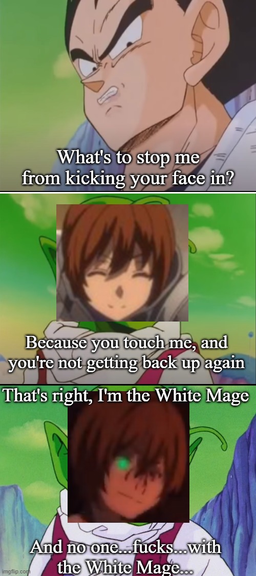 Remember, don't fuck with the White Mage... | What's to stop me from kicking your face in? Because you touch me, and you're not getting back up again; That's right, I'm the White Mage; And no one...fucks...with the White Mage... | image tagged in blank white template,little green,redo of a healer,white mage,keyaru | made w/ Imgflip meme maker