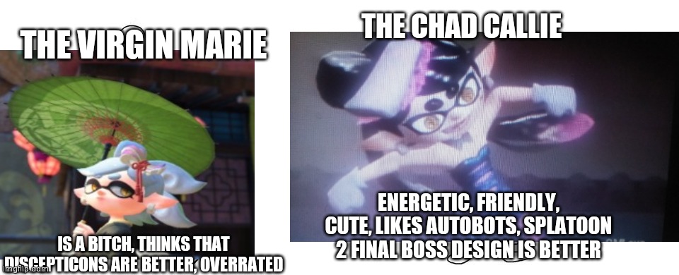 Agent 8's better than both | THE CHAD CALLIE; THE VIRGIN MARIE; ENERGETIC, FRIENDLY, CUTE, LIKES AUTOBOTS, SPLATOON 2 FINAL BOSS DESIGN IS BETTER; IS A BITCH, THINKS THAT DISCEPTICONS ARE BETTER, OVERRATED | image tagged in splatoon,virgin vs chad,squid sisters,splatoon 2 | made w/ Imgflip meme maker