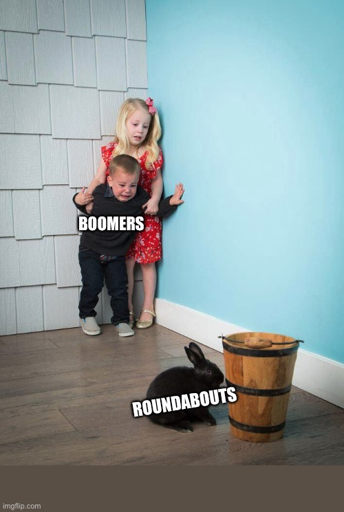 Roundabouts | BOOMERS; ROUNDABOUTS | image tagged in kids scared of rabbit,boomers,parents,driving,kids | made w/ Imgflip meme maker