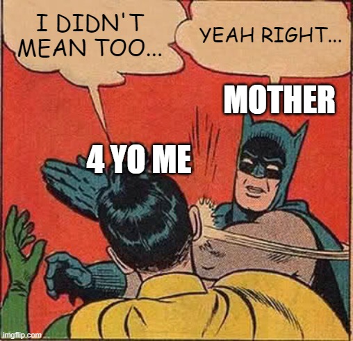 Batman Slapping Robin Meme | I DIDN'T MEAN TOO... YEAH RIGHT... MOTHER; 4 YO ME | image tagged in memes,batman slapping robin | made w/ Imgflip meme maker
