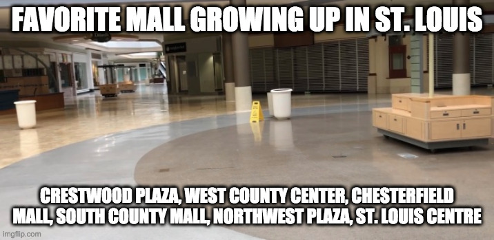 Favorite St. Louis Malls | FAVORITE MALL GROWING UP IN ST. LOUIS; CRESTWOOD PLAZA, WEST COUNTY CENTER, CHESTERFIELD MALL, SOUTH COUNTY MALL, NORTHWEST PLAZA, ST. LOUIS CENTRE | image tagged in northwest plaza | made w/ Imgflip meme maker