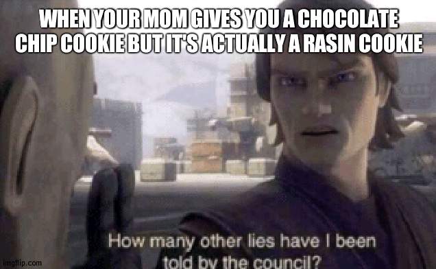 Cookie time | WHEN YOUR MOM GIVES YOU A CHOCOLATE CHIP COOKIE BUT IT'S ACTUALLY A RASIN COOKIE | image tagged in how many other lies have i been told by the council,cookie,chocolate | made w/ Imgflip meme maker