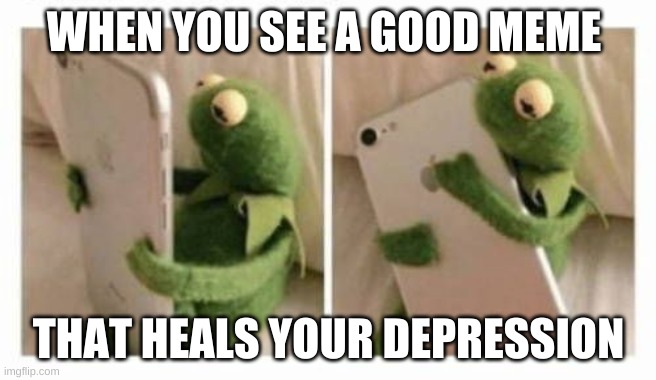 depression is real | WHEN YOU SEE A GOOD MEME; THAT HEALS YOUR DEPRESSION | image tagged in kermit phone | made w/ Imgflip meme maker