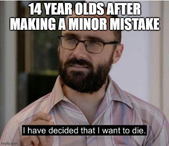 I have decided that I want to die | 14 YEAR OLDS AFTER MAKING A MINOR MISTAKE | image tagged in i have decided that i want to die | made w/ Imgflip meme maker