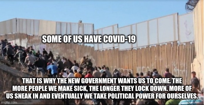 Invasion is such an ugly word | SOME OF US HAVE COVID-19; THAT IS WHY THE NEW GOVERNMENT WANTS US TO COME. THE MORE PEOPLE WE MAKE SICK, THE LONGER THEY LOCK DOWN. MORE OF US SNEAK IN AND EVENTUALLY WE TAKE POLITICAL POWER FOR OURSELVES. | image tagged in illegal immigrants,invasion,covid-19,build the wall,population replacement,part of the plan | made w/ Imgflip meme maker