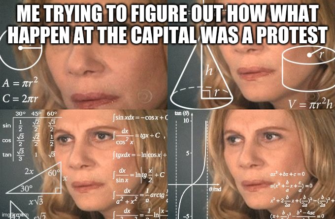 Calculating meme | ME TRYING TO FIGURE OUT HOW WHAT HAPPEN AT THE CAPITAL WAS A PROTEST | image tagged in calculating meme | made w/ Imgflip meme maker