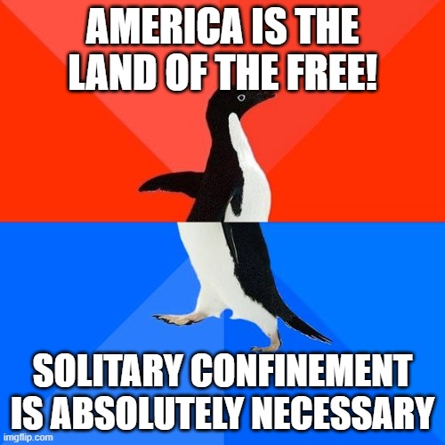 This is just about the US government in general | AMERICA IS THE LAND OF THE FREE! SOLITARY CONFINEMENT IS ABSOLUTELY NECESSARY | image tagged in socially awkward pinguin | made w/ Imgflip meme maker