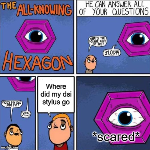 he dosnt know everythin | Where did my dsi stylus go; *scared* | image tagged in all knowing hexagon original | made w/ Imgflip meme maker