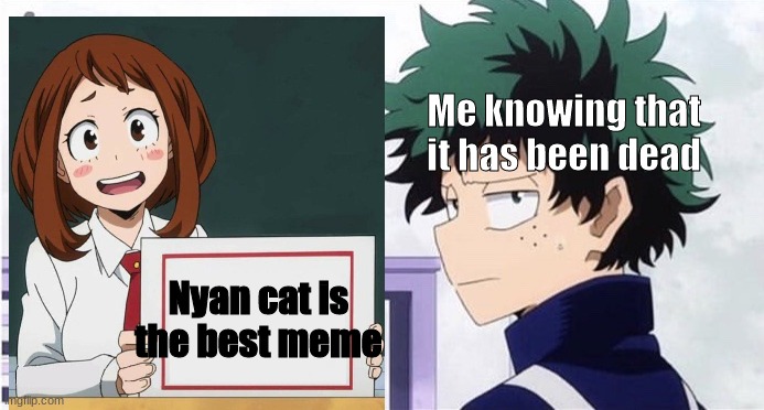 Bruh | Me knowing that it has been dead; Nyan cat is the best meme | image tagged in deku ignoring iida | made w/ Imgflip meme maker