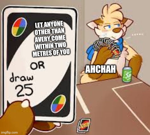 furry draw 25 | LET ANYONE OTHER THAN AVERY COME WITHIN TWO METRES OF YOU; AHCHAH | image tagged in furry draw 25 | made w/ Imgflip meme maker