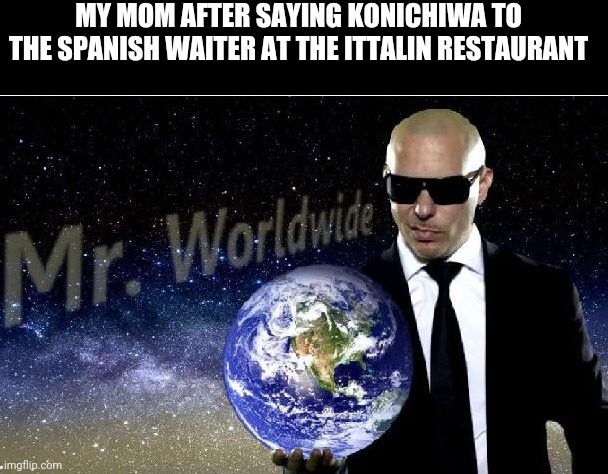 mr world wide | MY MOM AFTER SAYING KONICHIWA TO THE SPANISH WAITER AT THE ITTALIN RESTAURANT | image tagged in mr world wide | made w/ Imgflip meme maker