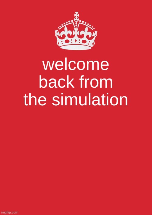Keep Calm And Carry On Red Meme | welcome back from the simulation | image tagged in memes,keep calm and carry on red | made w/ Imgflip meme maker