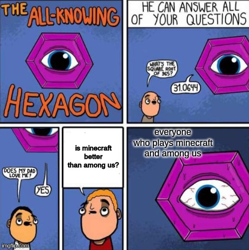 All knowing hexagon (ORIGINAL) | everyone who plays minecraft and among us; is minecraft better than among us? | image tagged in all knowing hexagon original | made w/ Imgflip meme maker