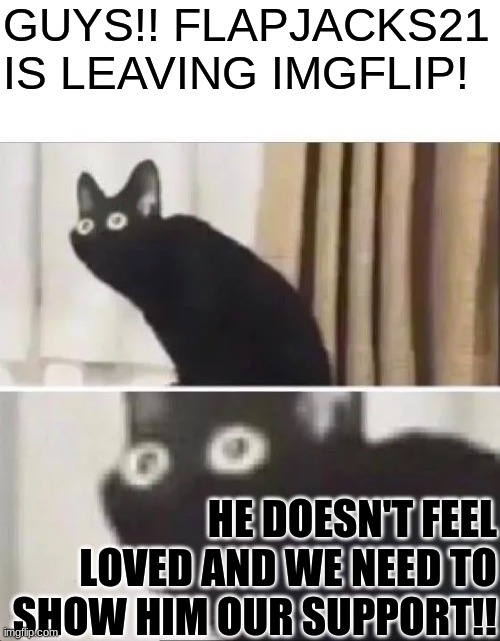 LINK TO HIS PROFILE IN THE COMMENTS THIS IS BAAD!! |  GUYS!! FLAPJACKS21 IS LEAVING IMGFLIP! HE DOESN'T FEEL LOVED AND WE NEED TO SHOW HIM OUR SUPPORT!! | image tagged in helps support,please help,he is leaving,nooooooo | made w/ Imgflip meme maker