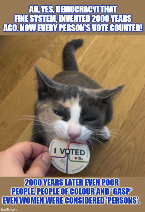 Ah, yes, democracy! That fine system, invented 2000 years ago. Now every vote from every person counted! | AH, YES, DEMOCRACY! THAT FINE SYSTEM, INVENTED 2000 YEARS AGO. NOW EVERY PERSON'S VOTE COUNTED! 2000 YEARS LATER EVEN POOR PEOPLE, PEOPLE OF COLOUR AND *GASP* EVEN WOMEN WERE CONSIDERED 'PERSONS'. | image tagged in democracy,voting,women rights,blm | made w/ Imgflip meme maker