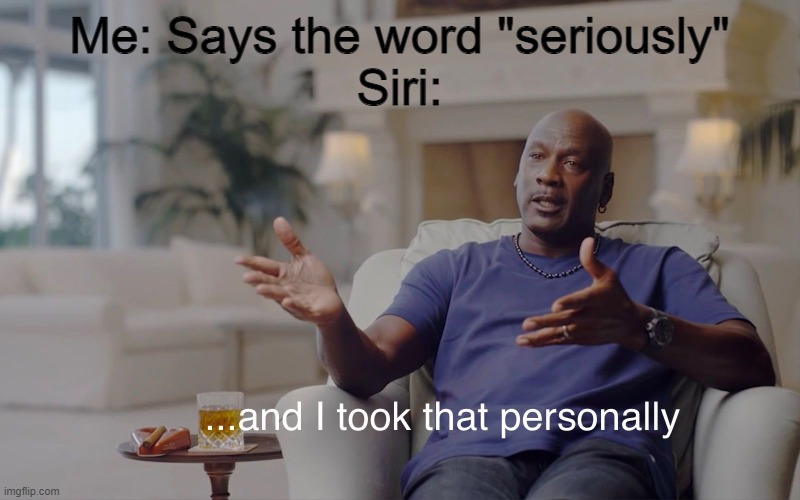 Siri | Me: Says the word "seriously"
Siri: | image tagged in and i took that personally,siri | made w/ Imgflip meme maker