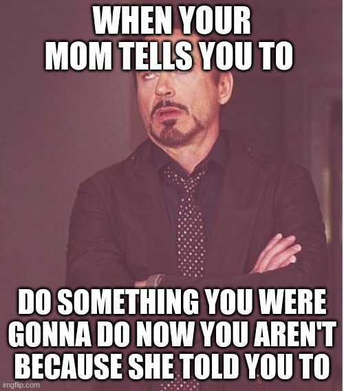 Face You Make Robert Downey Jr | WHEN YOUR MOM TELLS YOU TO; DO SOMETHING YOU WERE GONNA DO NOW YOU AREN'T BECAUSE SHE TOLD YOU TO | image tagged in memes,face you make robert downey jr | made w/ Imgflip meme maker