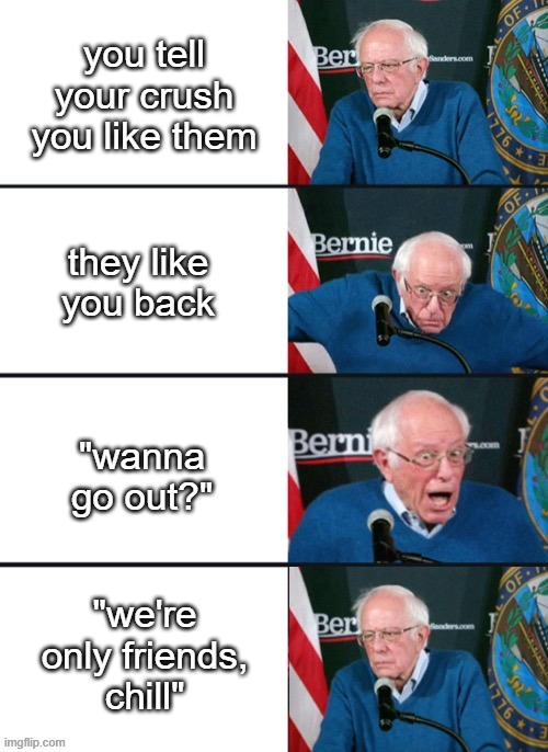 Crush Meme | you tell your crush you like them; they like you back; "wanna go out?"; "we're only friends, chill" | image tagged in bernie sander reaction change | made w/ Imgflip meme maker