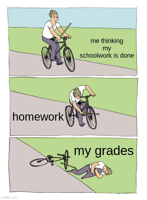 choisez | me thinking my schoolwork is done; homework; my grades | image tagged in memes,bike fall | made w/ Imgflip meme maker