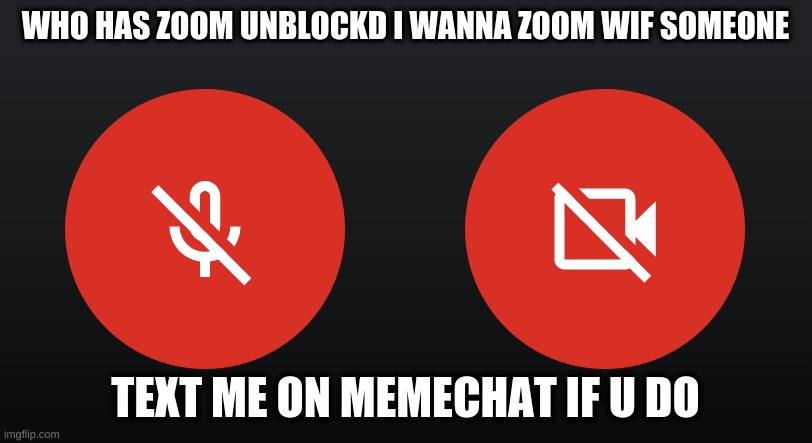 pls zoom im boared | WHO HAS ZOOM UNBLOCKD I WANNA ZOOM WIF SOMEONE; TEXT ME ON MEMECHAT IF U DO | image tagged in mute mic turn off video | made w/ Imgflip meme maker