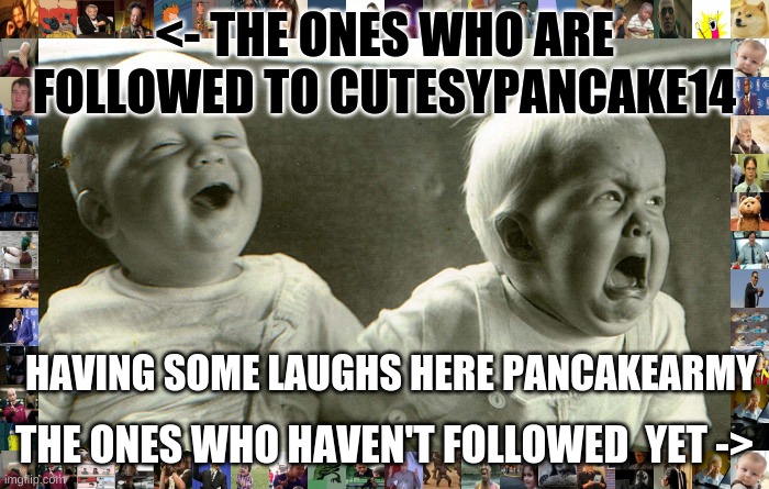 Opposite baby | <- THE ONES WHO ARE FOLLOWED TO CUTESYPANCAKE14; HAVING SOME LAUGHS HERE PANCAKEARMY; THE ONES WHO HAVEN'T FOLLOWED  YET -> | image tagged in opposite baby | made w/ Imgflip meme maker