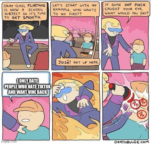 Flirting class | I ONLY DATE PEOPLE WHO HATE TIKTOK AND WANT VINE BACK | image tagged in flirting class | made w/ Imgflip meme maker