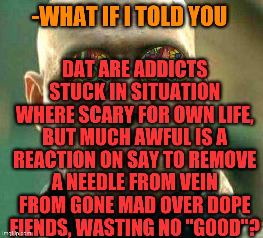 -Free fly. | DAT ARE ADDICTS STUCK IN SITUATION WHERE SCARY FOR OWN LIFE, BUT MUCH AWFUL IS A REACTION ON SAY TO REMOVE A NEEDLE FROM VEIN FROM GONE MAD OVER DOPE FIENDS, WASTING NO "GOOD"? -WHAT IF I TOLD YOU | image tagged in acid kicks in morpheus,dope,theneedledrop,reaction guys,that scary ghost,what if i told you | made w/ Imgflip meme maker