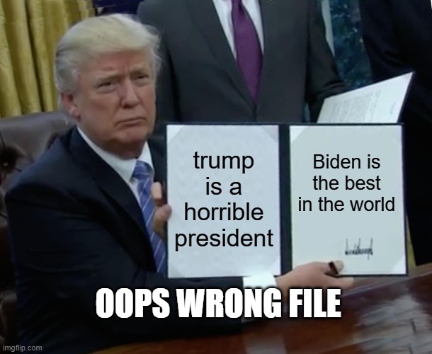 Trump Bill Signing | trump is a horrible president; Biden is the best in the world; OOPS WRONG FILE | image tagged in memes,trump bill signing | made w/ Imgflip meme maker