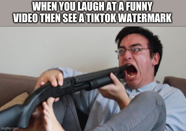 when you realize, its too late | WHEN YOU LAUGH AT A FUNNY VIDEO THEN SEE A TIKTOK WATERMARK | image tagged in filthy frank shotgun | made w/ Imgflip meme maker