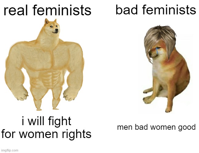 Buff Doge vs. Cheems Meme | real feminists; bad feminists; i will fight for women rights; men bad women good | image tagged in memes,buff doge vs cheems | made w/ Imgflip meme maker