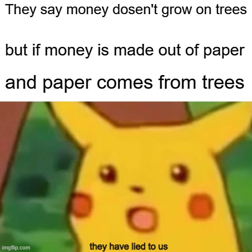 meme | They say money dosen't grow on trees; but if money is made out of paper; and paper comes from trees; they have lied to us | image tagged in memes,surprised pikachu | made w/ Imgflip meme maker