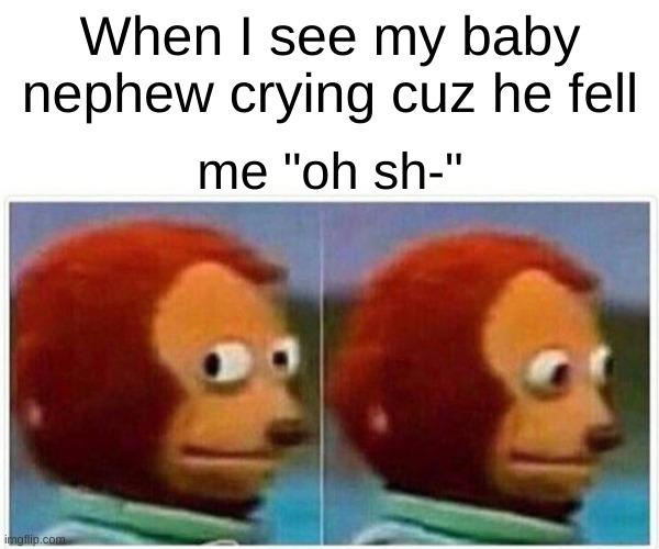 Monkey Puppet | When I see my baby nephew crying cuz he fell; me "oh sh-" | image tagged in memes,monkey puppet | made w/ Imgflip meme maker