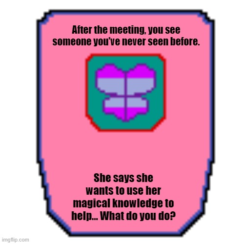 Moth Elf Crest | After the meeting, you see someone you've never seen before. She says she wants to use her magical knowledge to help... What do you do? | image tagged in moth elf,cronn,kingdom of cronn,magic | made w/ Imgflip meme maker