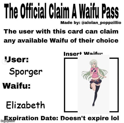 Ah yes, boobs | Sporger; Elizabeth | image tagged in official claim a waifu pass | made w/ Imgflip meme maker