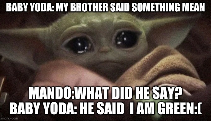 Wat? | BABY YODA: MY BROTHER SAID SOMETHING MEAN; MANDO:WHAT DID HE SAY?
BABY YODA: HE SAID  I AM GREEN:( | image tagged in crying baby yoda | made w/ Imgflip meme maker