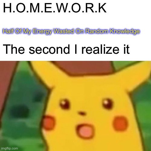 Surprised Pikachu Meme | H.O.M.E.W.O.R.K; Half Of My Energy Wasted On Random Knowledge; The second I realize it | image tagged in memes,surprised pikachu | made w/ Imgflip meme maker