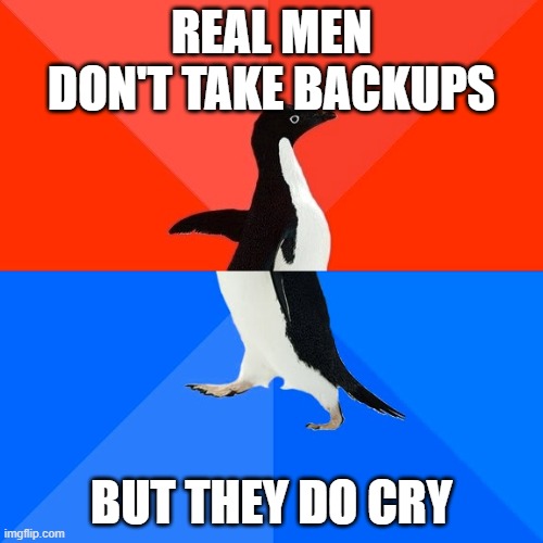 Damn... | REAL MEN DON'T TAKE BACKUPS; BUT THEY DO CRY | image tagged in memes,socially awesome awkward penguin,backup | made w/ Imgflip meme maker