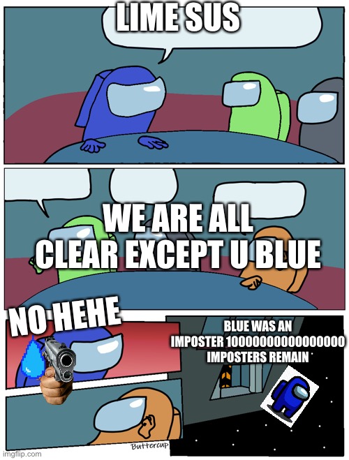 Among Us Meeting | LIME SUS; WE ARE ALL CLEAR EXCEPT U BLUE; NO HEHE; BLUE WAS AN IMPOSTER 10000000000000000 IMPOSTERS REMAIN | image tagged in among us meeting | made w/ Imgflip meme maker