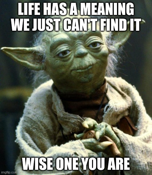 Wise | LIFE HAS A MEANING WE JUST CAN'T FIND IT; WISE ONE YOU ARE | image tagged in memes,star wars yoda | made w/ Imgflip meme maker