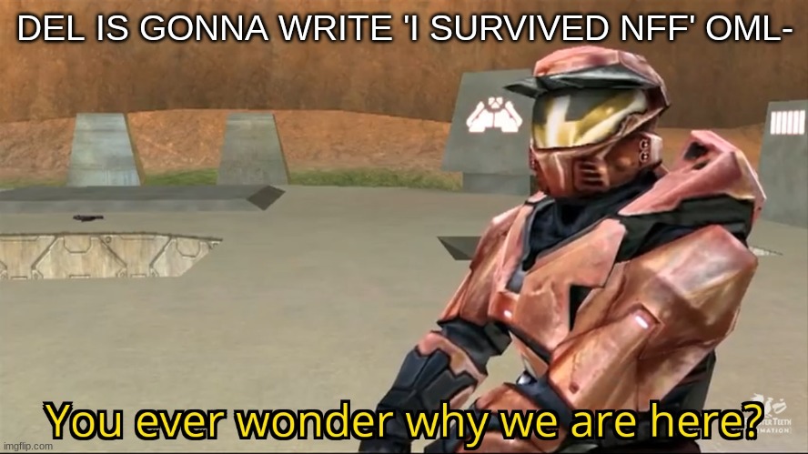 You ever wonder why we are here? | DEL IS GONNA WRITE 'I SURVIVED NFF' OML- | image tagged in you ever wonder why we are here | made w/ Imgflip meme maker