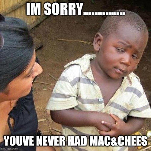 Third World Skeptical Kid | IM SORRY............... YOUVE NEVER HAD MAC&CHEES | image tagged in memes,third world skeptical kid | made w/ Imgflip meme maker