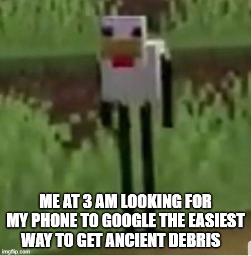 Cursed Minecraft chicken | ME AT 3 AM LOOKING FOR MY PHONE TO GOOGLE THE EASIEST WAY TO GET ANCIENT DEBRIS | image tagged in cursed minecraft chicken | made w/ Imgflip meme maker
