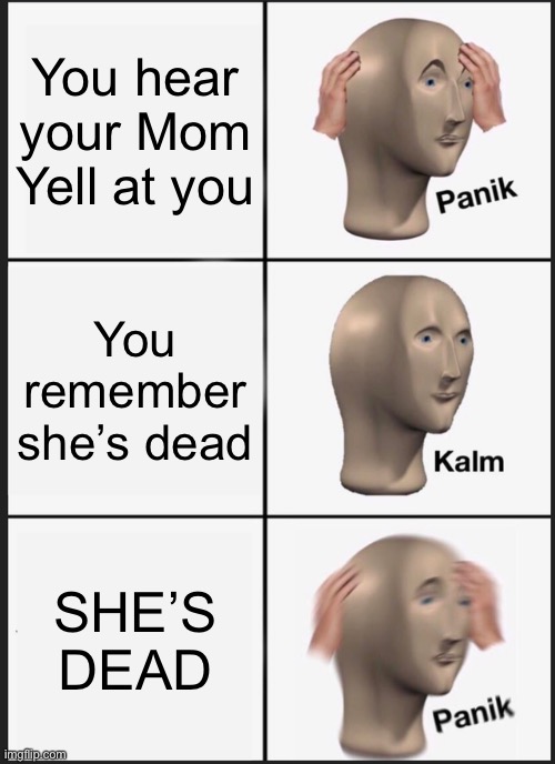 I just wanted to do this | You hear your Mom Yell at you; You remember she’s dead; SHE’S DEAD | image tagged in memes,panik kalm panik | made w/ Imgflip meme maker