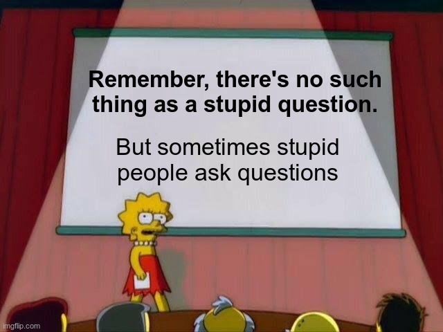There Are No Stupid Questions | Remember, there's no such thing as a stupid question. But sometimes stupid people ask questions | image tagged in lisa simpson's presentation | made w/ Imgflip meme maker